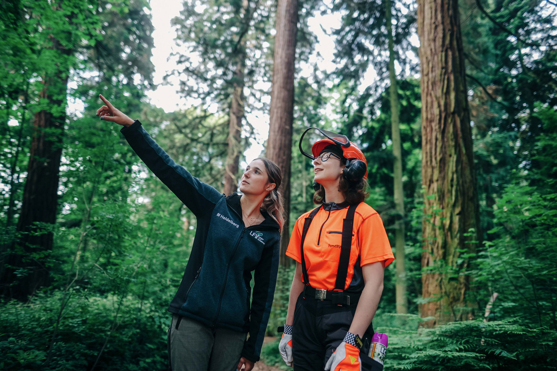Die beiden Kolleginnen schauen gemeinsam eine Baumkrone in der Ferne an.